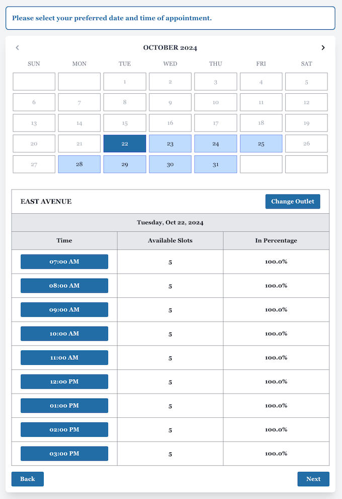 Select date and Time for PSA Appointment